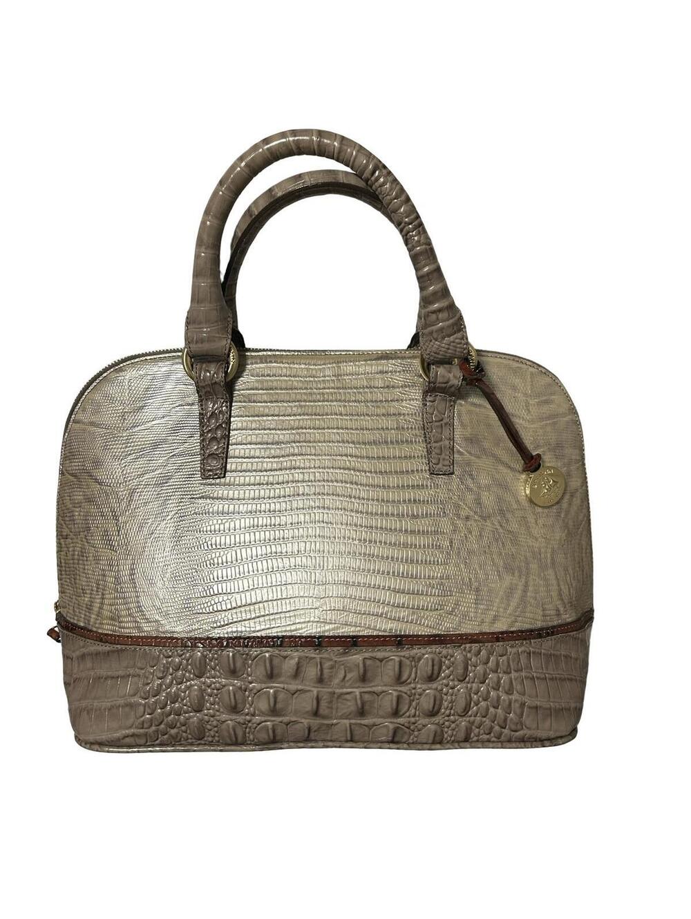 Brahmin Taupe Embossed Leather Dome Satchel Handbag Croc Lizard Texture Large